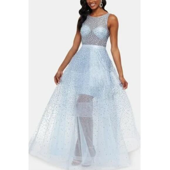 Betsy & Adam Sheer Sequined Backless Ball Gown Blue Size 4 Long Formal Dress - Picture 11 of 13